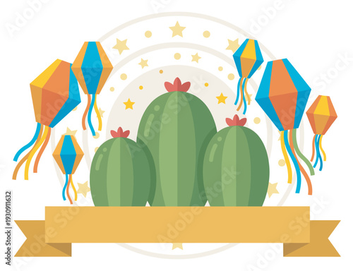 Three green cacti and colorful paper lanterns decorate a festive celebration banner with stars and dots in a vibrant illustration.