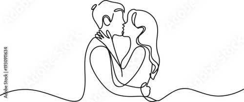 Continuous one drawn single line of romantic kiss of two lovers, newlyweds, young people.Loving couple embracing and kissing. one line Icon drawing