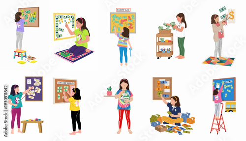 Young Girls Learning Financial Literacy: Educational illustrations of children engaging with money, savings, investment, and economic concepts through playful activities.