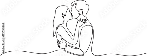 Continuous one drawn single line of romantic kiss of two lovers, newlyweds, young people.Loving couple embracing and kissing. one line Icon drawing