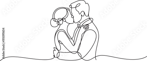 Continuous one drawn single line of romantic kiss of two lovers, newlyweds, young people.Loving couple embracing and kissing. one line Icon drawing