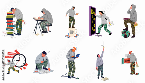 Young Man Navigating Financial Challenges and Academic Pressures: A Visual Journey of Stress, Study, Debt, Deadlines, and Problem Solving in the Modern Business World
