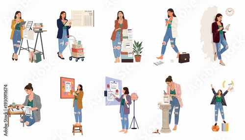 A businesswoman's journey managing invoices and financial documents, illustrating tasks from paperwork processing and analysis to overcoming stress and achieving successful payment completion.