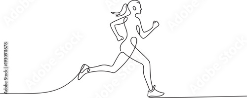 Continuous one drawn line silhouette of running athlete girl runner. one line Icon drawing