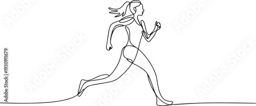 Continuous one drawn line silhouette of running athlete girl runner. one line Icon drawing