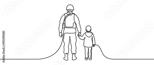 Soldier and child holding hands walking together in a continuous line art drawing representing family connection and military support.