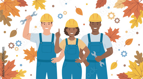 Three diverse construction workers wearing hard hats and overalls are smiling while holding wrenches amidst autumn leaves.
