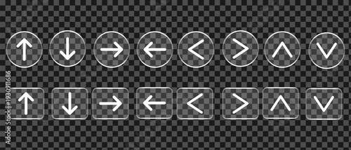 Glass morphism navigation arrow buttons icon set for ui design. Cursor arrow up down left right. Next and previous arrow symbol vector 