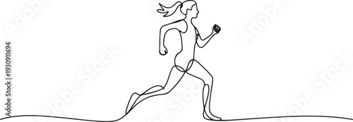 Continuous one drawn line silhouette of running athlete girl runner. one line Icon drawing