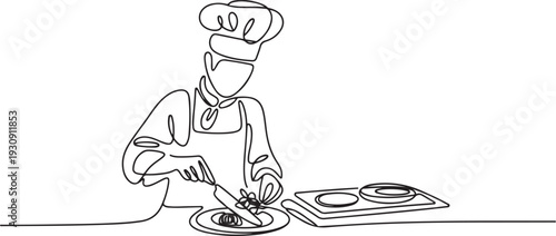 Continuous line drawing of chef cooking gourmet meal, chef preparing food. The cook prepares food in the kitchen. one line Icon drawing