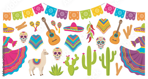 Colorful Mexican culture elements set with traditional symbols like sombreros, guitars, sugar skulls, and cacti for festive celebrations.