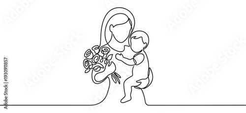 Mother and baby holding a bouquet of flowers in a beautiful continuous line art drawing illustrating maternal love and family bonding.