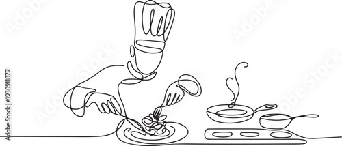 Continuous line drawing of chef cooking gourmet meal, chef preparing food. The cook prepares food in the kitchen. one line Icon drawing