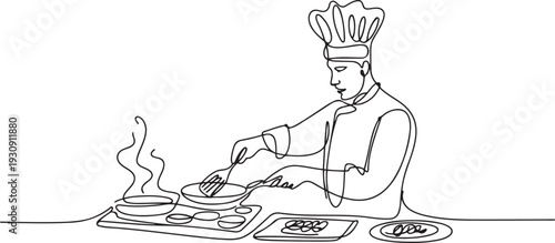 Continuous line drawing of chef cooking gourmet meal, chef preparing food. The cook prepares food in the kitchen. one line Icon drawing