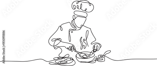Continuous line drawing of chef cooking gourmet meal, chef preparing food. The cook prepares food in the kitchen. one line Icon drawing