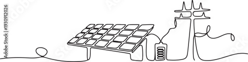 One continuous single drawn line art doodle solar battery, clean energy, renewable energy, ecology, solar power station. one line Icon drawing