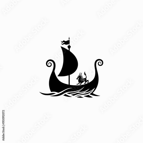 Stylized viking ship silhouette with dragon icon on white background
