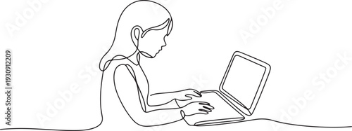 Continuous one line drawing girl sits at a laptop. one line Icon drawing