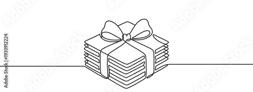 Continuous line drawing gift box with ribbon bow, a minimalist illustration representing celebration and surprise.