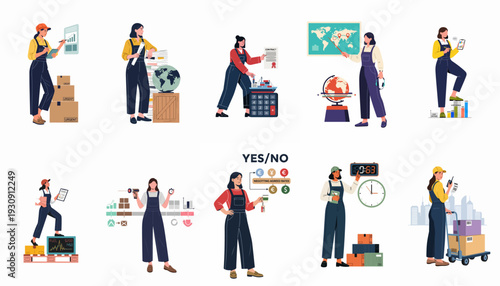 Seamless Global Logistics: Women managing supply chain, international shipping, finance, data analysis, and urgent deliveries with precision and efficiency.