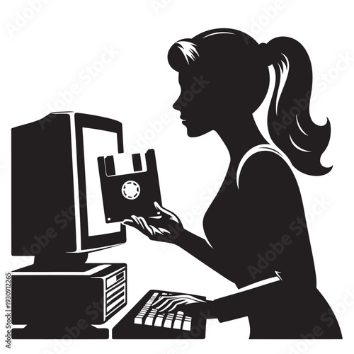 Woman inserting floppy disk into vintage computer, silhouette of a female typing at keyboard with retro PC and data storage.