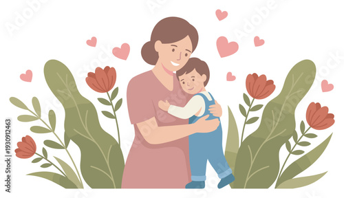 Mother and child share a tender embrace surrounded by blooming flowers and floating hearts, symbolizing love and family bonding.