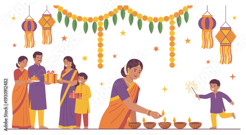 Indian family celebrating traditional festival with gifts, sweets, diyas, and lanterns under festive decorations.