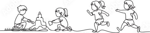 Continuous one single line drawn little children playing in the street in the children's games. Kids playing in the sandbox park. one line Icon drawing