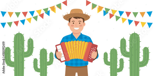 Smiling man playing accordion at a vibrant outdoor celebration surrounded by tall cacti and colorful bunting flags.