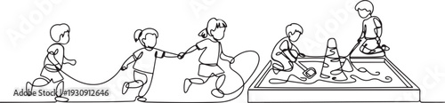 Continuous one single line drawn little children playing in the street in the children's games. Kids playing in the sandbox park. one line Icon drawing