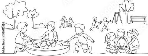 Continuous one single line drawn little children playing in the street in the children's games. Kids playing in the sandbox park. one line Icon drawing