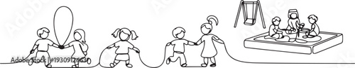 Continuous one single line drawn little children playing in the street in the children's games. Kids playing in the sandbox park. one line Icon drawing