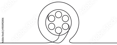 Film reel continuous line drawing illustration representing the dynamic world of cinema, movies, and the entertainment industry.