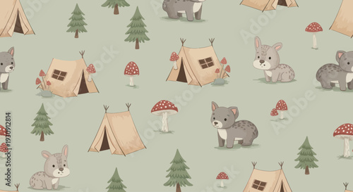 Camping Pattern with Cartoon Animals and Tents.