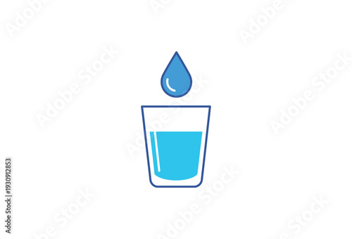 Simple vector graphic illustration depicting a single blue water drop falling directly into a clear drinking glass on transparent background