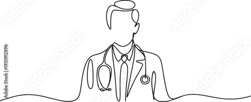 Continuous one line drawing doctor with stethoscop chief medical officer. one line Icon drawing