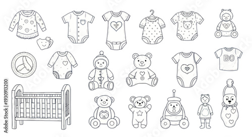 Baby Clothes and Toys Line Drawings Collection.