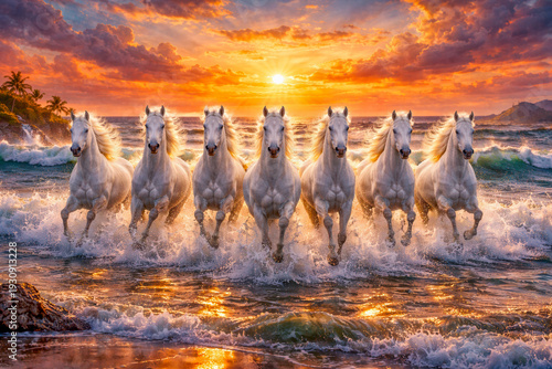 7 White Horses Running Through Ocean Waves at Sunset – Power, Freedom and Tropical Energy