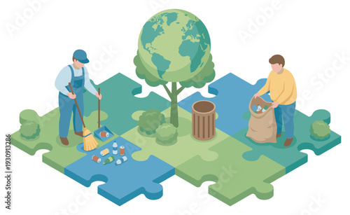 People cleaning Earth puzzle pieces, collecting waste and sweeping litter for environmental protection and sustainability efforts.