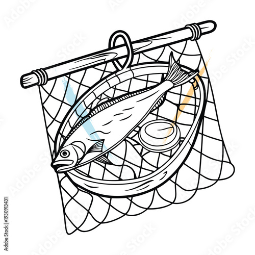 Vintage Fishing Illustration with Salmon in Net, Line Art Style - Perfect for Outdoor Adventure, Sport, and Leisure Designs