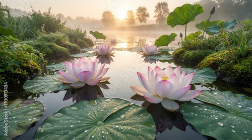 Beautiful pink lotus flowers and water lilies bloom amidst green leaves in a peaceful summer pond, showcasing the natural beauty of aquatic flora in a garden lake