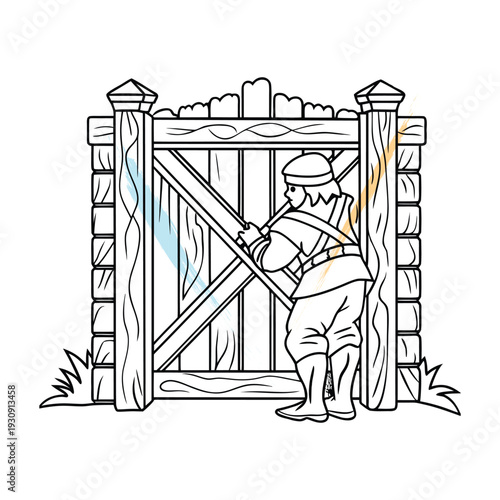 Vintage Line Art Illustration of a Soldier Guarding a Wooden Gate, Detailed Continuous Drawing Style