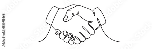 Continuous line drawing of two hands shaking together, representing agreement, partnership, and successful business collaboration.
