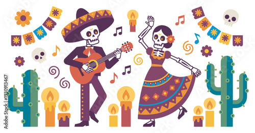 Two festive skeletons celebrate Mexican Day of the Dead with music and dance surrounded by traditional cultural elements.