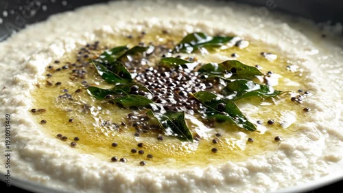 Close up on a delicious Indian coconut chutney being prepared in a pan with tempering of curry leaves mustard seeds and asafoetida creating a flavorful aroma for a healthy breakfast or side dish in