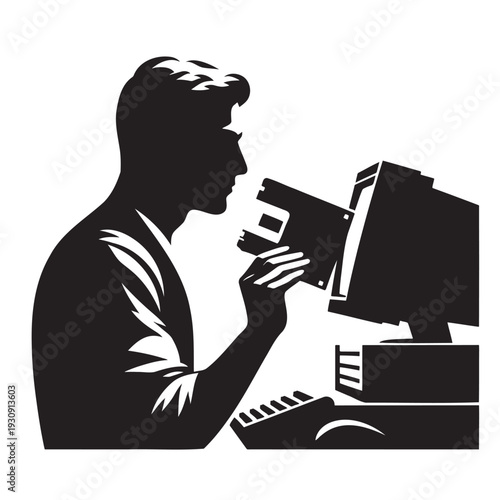 Man examining computer hardware component with computer and keyboard, clean vector illustration silhouette