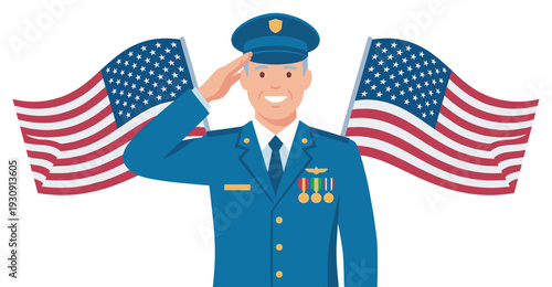 Military man salutes with American flags proudly displayed, symbolizing national pride, honor, and patriotic service to the country.