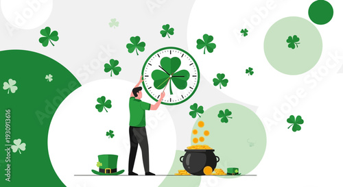 Time For Luck A Man Adjusts Clock Adorned With Clover Overflows With Gold Coins