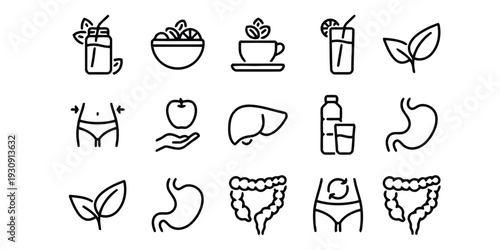 Healthy lifestyle icons showing food drinks body and digestion symbols