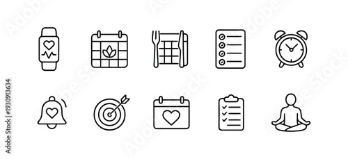 Healthy lifestyle icons representing fitness, nutrition, planning, and relaxation